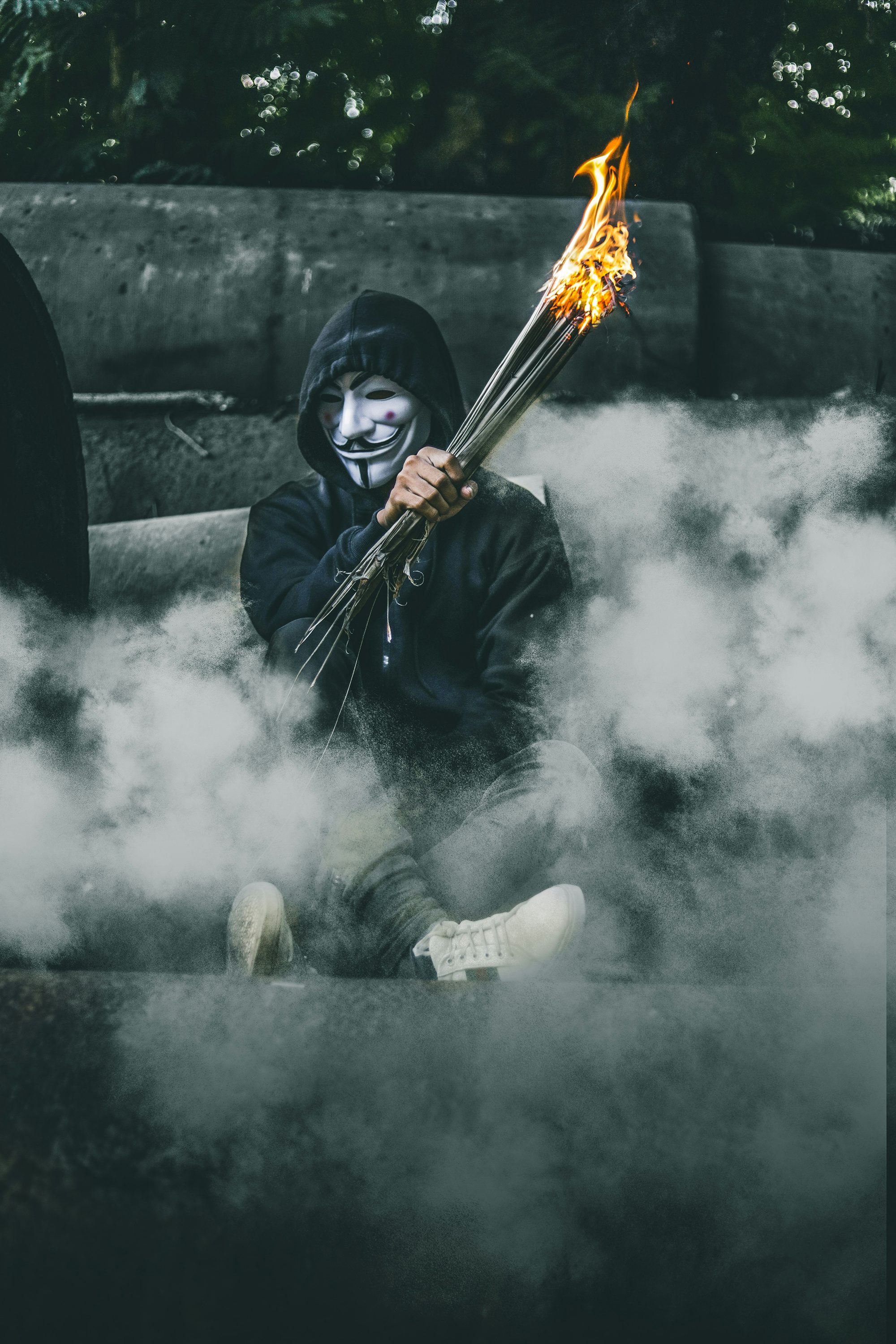 person wearing guy Fawkes's mask while holding torch